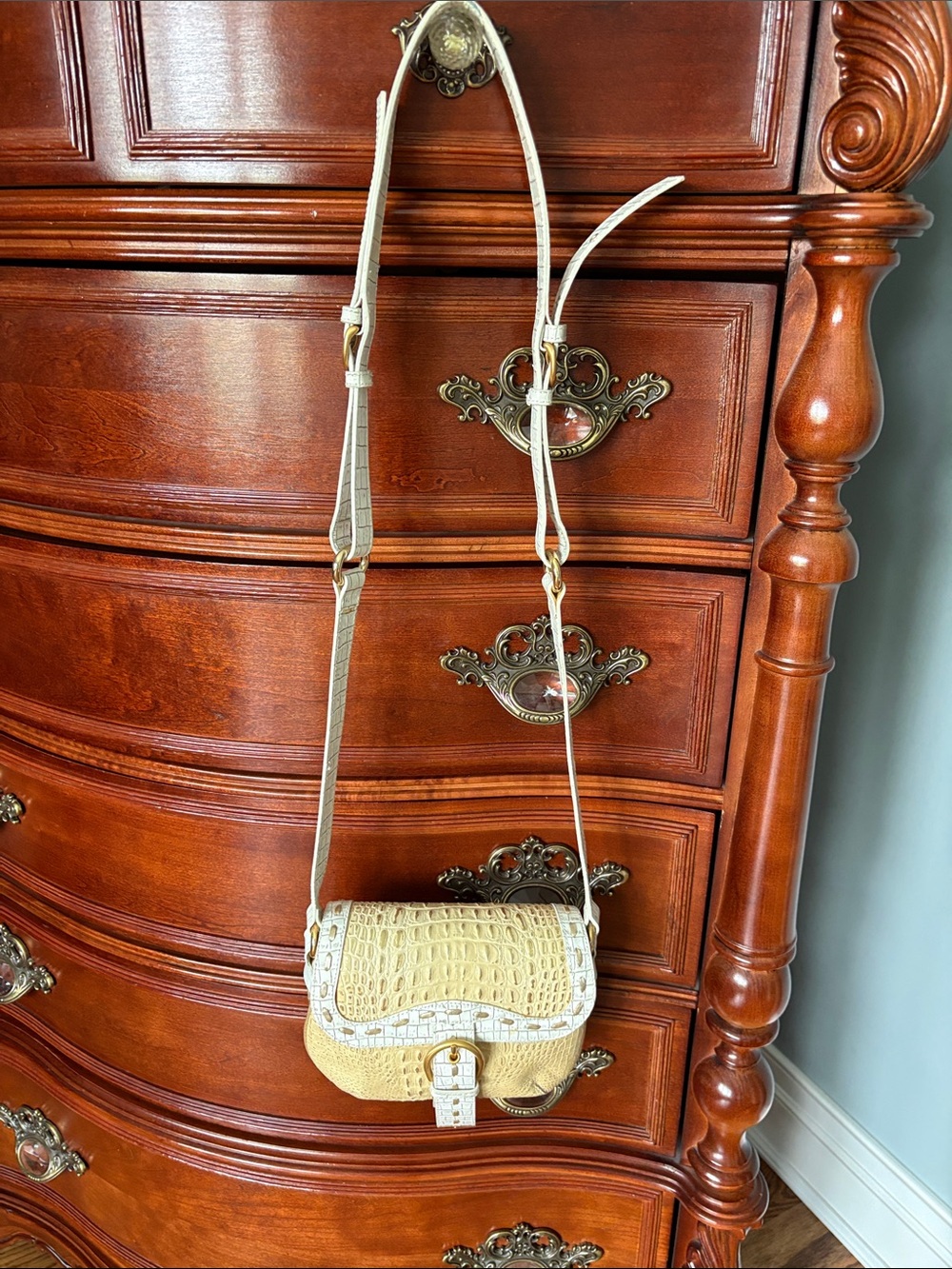 Donald J. Pliner Cream and Tan Croc-Embossed Leather Shoulder Bag